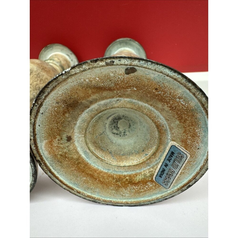 Vtg Rare Pair of Solid Bronze Candle Sticks Holders Gray Green Orange 6”x3” - Picture 4 of 10